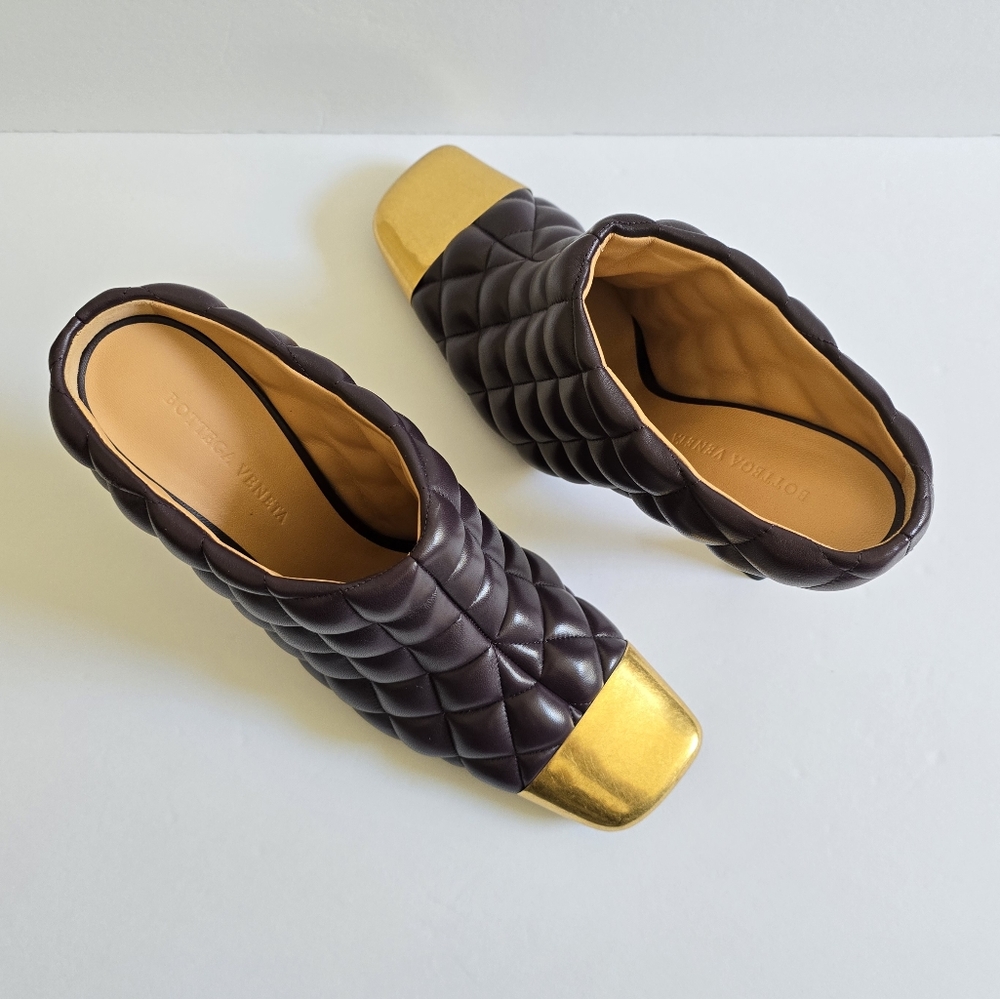 Bottega Veneta Quilted Leather Metallic Toe High Heel Mules Size 39 Wine… - Picture 8 of 15
